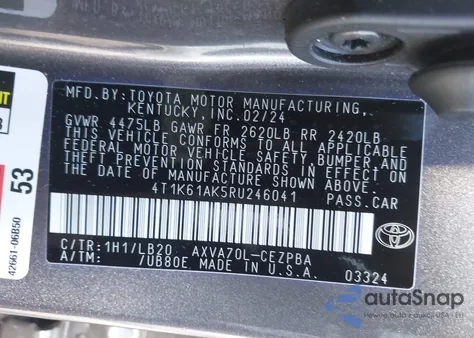 2024 Toyota Camry Xse z USA, uszkodzony, nr VIN 4T1K61AK5RU246041